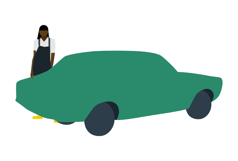 A simplified illustration of a person wearing an apron and yellow shoes stands next to a green Morris Marina car, viewed from the side—perfect for highlighting Morris Marina insurance. The background is plain black.