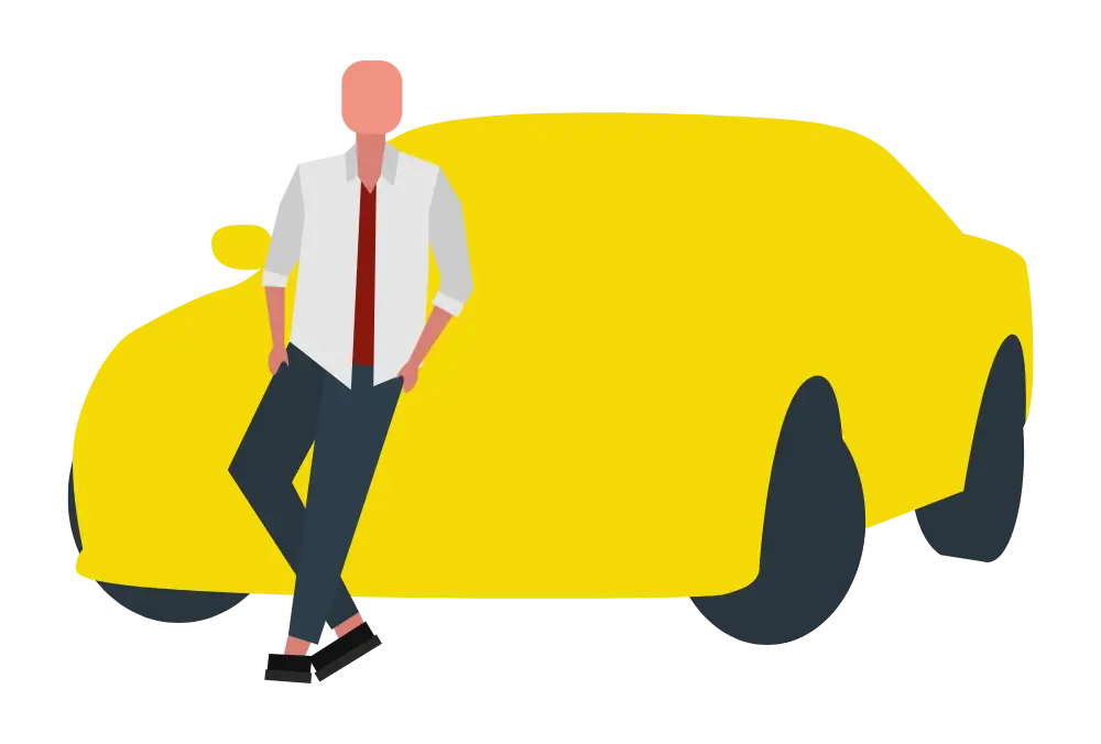 Illustration of a person with short hair, wearing a white shirt, red tie, dark trousers, and sandals, leaning against a large, bright yellow Nissan Silvia. The background is plain and simple—perfect for discussing Silvia Insurance options.
