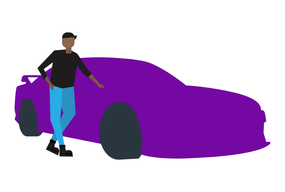 Illustration of a person standing beside a large, purple car, perfect for showcasing Nissan Silvia insurance. The person wears a black top and blue trousers, with one hand resting on the car against a plain black background.