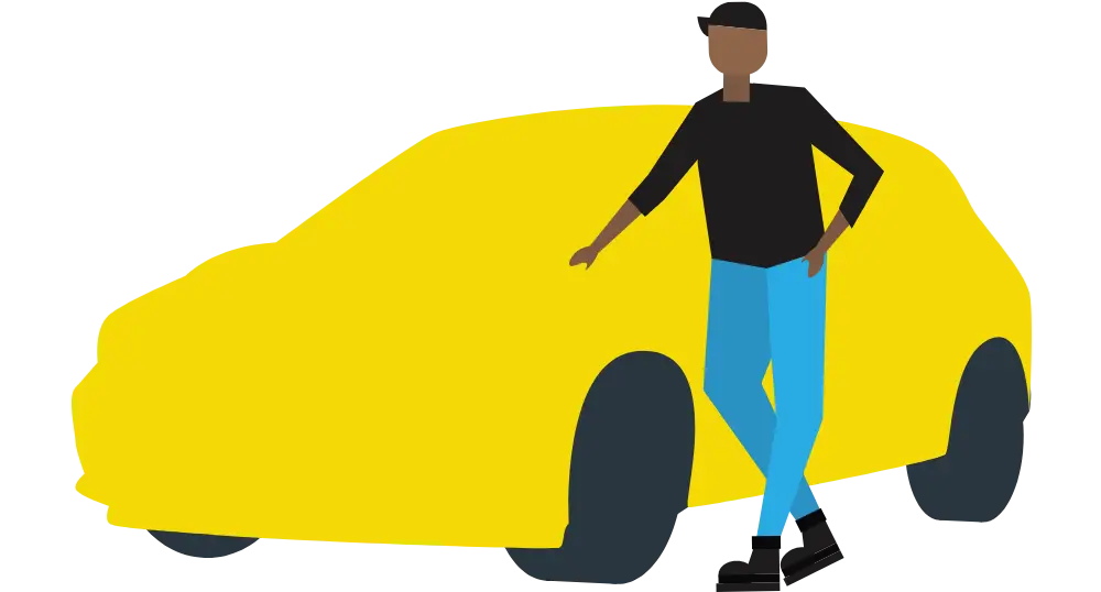 Illustration of a person with dark hair, wearing a black top and blue trousers, standing and leaning against a large yellow Nissan Pulsar, highlighting the importance of Nissan Pulsar Insurance.