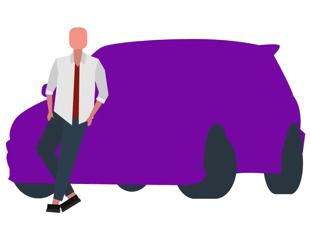 Illustration of a faceless person in a shirt and tie leaning casually against a large purple Nissan Pulsar, suggesting confidence and style—perfect for highlighting Car Insurance options.