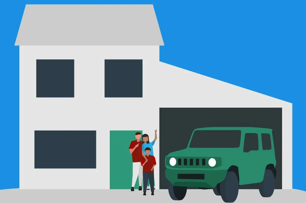 An illustrated family of three stands in front of a modern two-storey house with a green car parked in the drive. The bright blue background and happy expressions reflect the positive energy often found at Adrian Flux jobs.