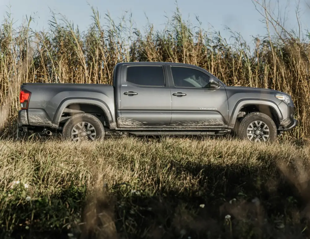 A silver Toyota 4x4 with muddy tyres is parked on grassy terrain in front of tall, dry plants under a clear sky—perfect for showcasing the need for reliable Toyota 4x4 insurance.