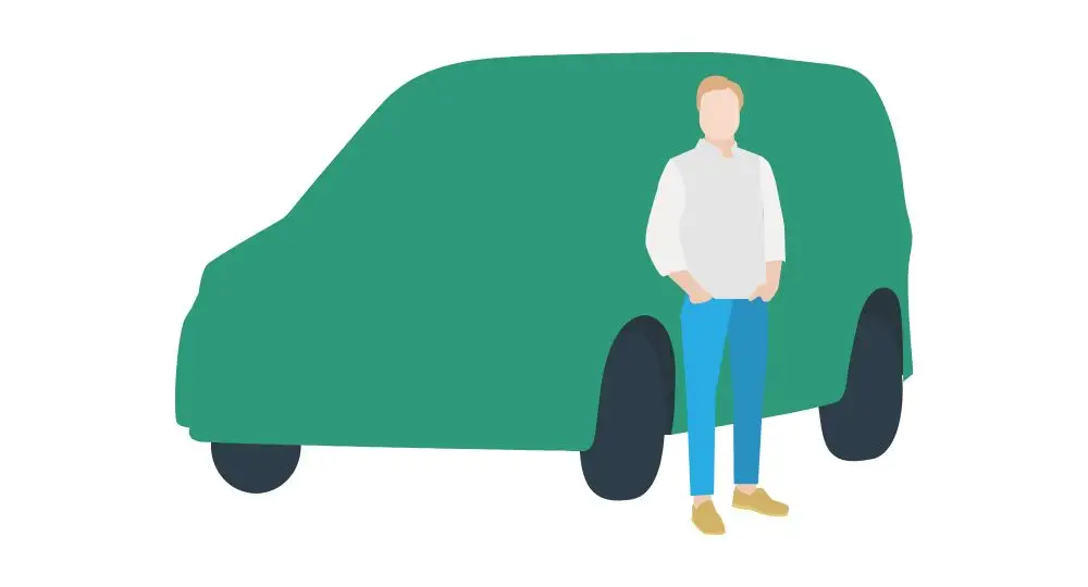 Illustration of a person standing in front of a green van. The person is wearing a light-coloured shirt, blue trousers, and tan shoes. The background is white.