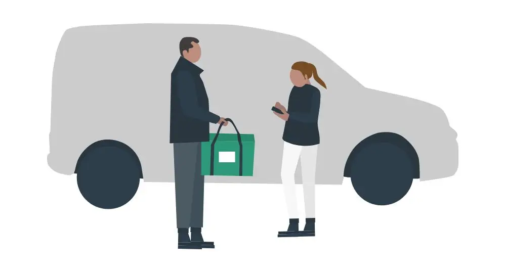 Illustration of a man holding a green delivery bag and standing next to a woman using a mobile phone, with a large grey van in the background.