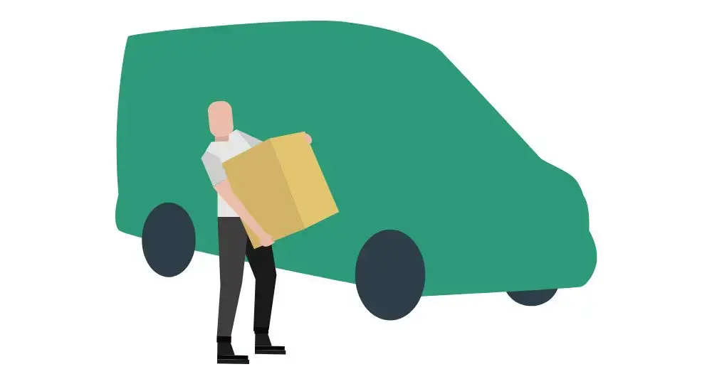 Illustration of a person holding a large cardboard box while standing in front of a green delivery van.