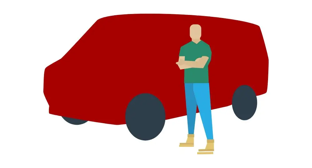 Illustration of a faceless person standing with arms folded in front of a large red van, on a white background.