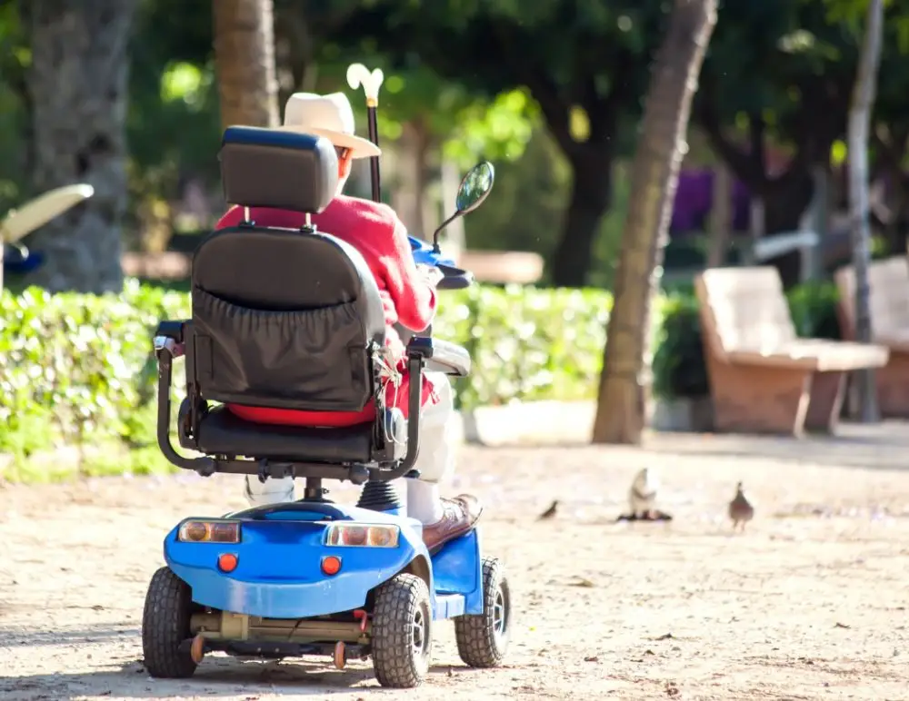 A person in a red shirt and hat rides a blue mobility scooter, protected by Mobility Scooter Insurance, along a sunlit park path, passing birds on the ground, with benches and trees in the background.