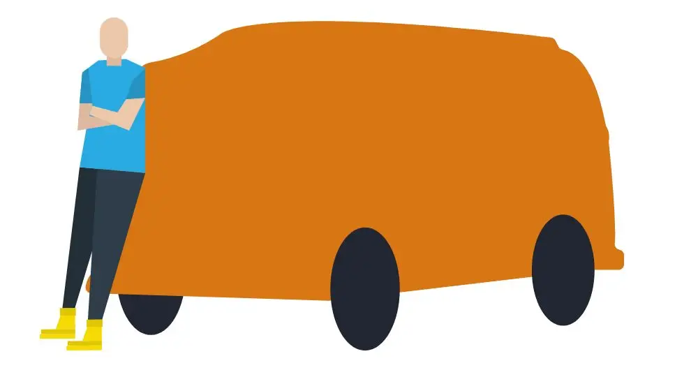 Illustration of a faceless person wearing a blue shirt and yellow shoes, standing with arms folded next to an orange van with black wheels on a white background.