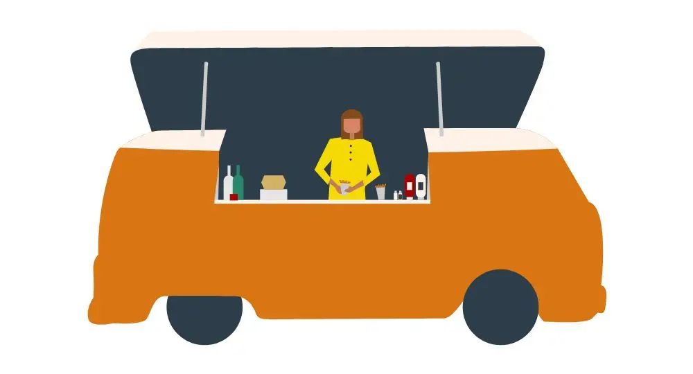 Illustration of a person standing inside an orange and white food van with an open serving window, surrounded by bottles, containers, and food items on the counter.