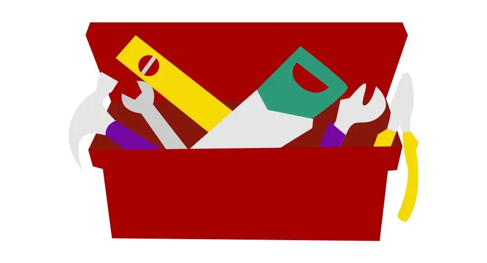 A red toolbox filled with various tools, including a hammer, spanner, saw, spirit level, and pliers, depicted in a simple, colourful illustration style.