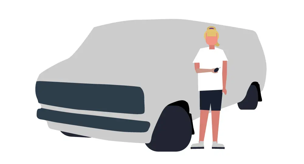 Illustration of a person with light skin and blonde hair standing next to a large grey vehicle, wearing a white shirt, dark shorts, and holding a mobile.