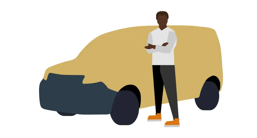 Illustration of a person with dark skin, short curly hair, and orange trainers standing with arms crossed in front of a large yellow vehicle.